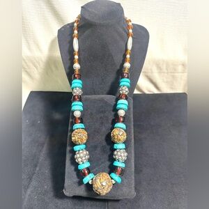 Vtg: Crushed Tigers Eye, Glass & Turquoise Howlite Boho Style Necklace